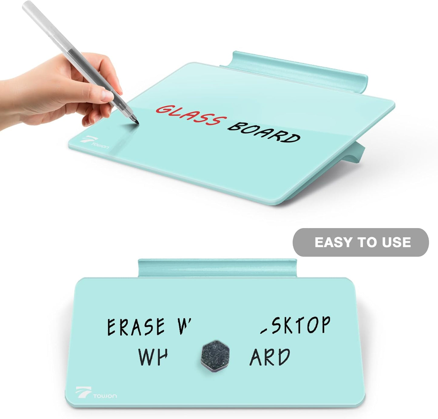 TOWON Small Glass Dry Erase Board, Desk White Board with Standing, Mini Whiteboard Easel Pad Set, Stenography Artifact for Office, Home and School Supplies, 8x6 Inches, Black