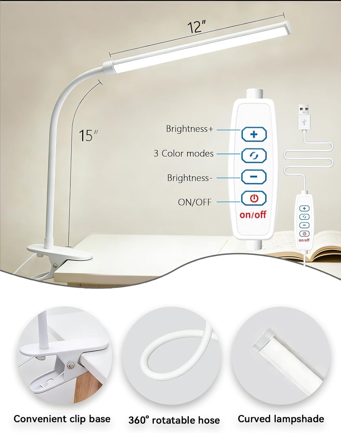 2 Pack Clip On LED Desk Lamp, 3 Lighting Modes 10 Brightness Levels, Flexible Goose Neck Swing Arm Task Lamp, Eye Caring USB Powered Clamp Light for Home Office Study Reading Bedside