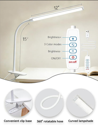 2 Pack Clip On LED Desk Lamp, 3 Lighting Modes 10 Brightness Levels, Flexible Goose Neck Swing Arm Task Lamp, Eye Caring USB Powered Clamp Light for Home Office Study Reading Bedside