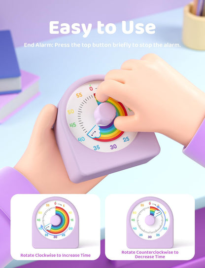 LIORQUE Visual Timer for Kids with Pause Function,Timer for Kids and Adults, Protective Case, Silent Time Management Tool, 60-Minute Countdown for Classroom, Office, Meetings, Study, Kitchen(Rainbow)