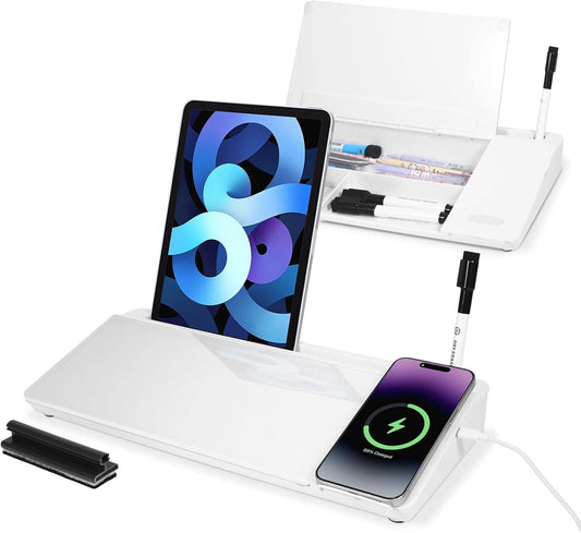 Small Glass Desktop Whiteboard Dry Erase Board with Wireless Charger Station - Computer Pad Keyboard Stand with Organizer for Home, School, Office Desk Accessories