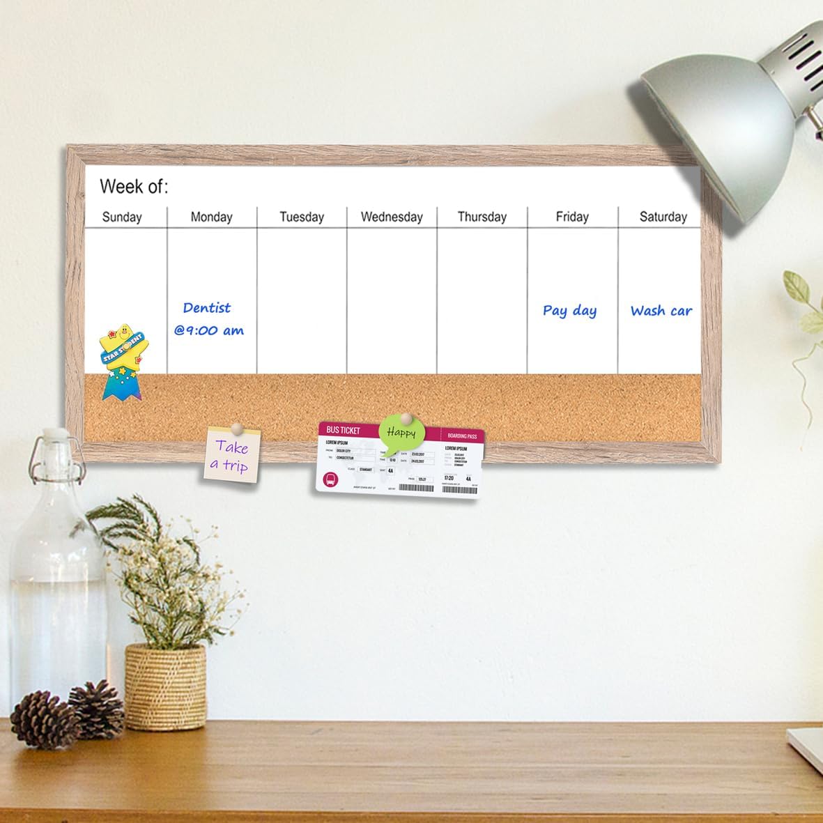 Magnetic Weekly Dry Erase White Board and Cork Board, Black Wood Frame，Magnetic Surface Whiteboard for Home Office and Wall Decor(ZHZL-2040BK)