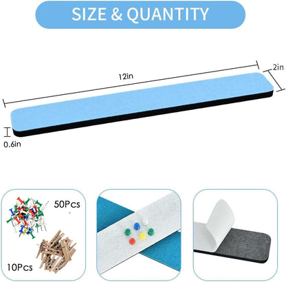 Vuzvuv 8 pcs Bulletin Board Bar Strips with 50 Pushpins & 10 Wooden Clip pins，Self Adhesive Cork Board for Wall，Felt Pin Board for School，Office Decor（Black White Grey）
