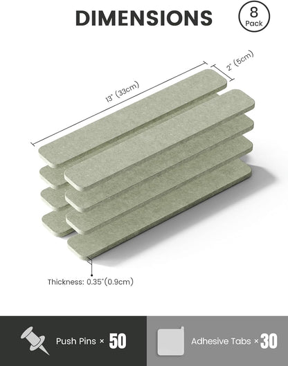 Fluxynara Cork Board Alternative Felt Strip Board 8-Pack 13"x2", Office Pin Board with 50 Push Pins, Adhesive Install for Bedroom Door & Home Office(Linen Dusk)