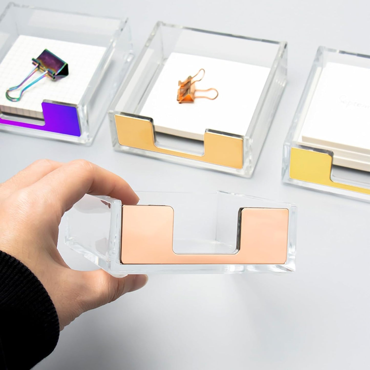 NatSumeBasics Gold Sticky Note Holder Clear Acrylic Yellow Post Note Pad Holders Memo Dispenser Case for Desk Office School Aesthetic Supplies Accessories (Pure Gold)