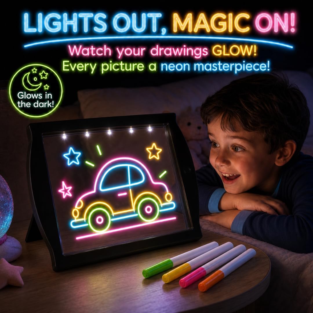 Marvin's Magic Glow Art Neon LED Drawing Board for Kids - Pink Doodle Board with Glow in the Dark Markers - Light Up Tracing Pad and Drawing Tablet - Mess Free Arts and Crafts Set Ages 5+
