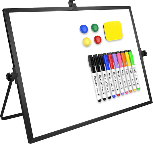Dry Erase White Board, 16inX12in Large Magnetic Desktop Whiteboard with Stand, 10 Markers, 4 Magnets, 1 Eraser, Portable Double-Sided White Board Easel for Memo to Do List Desk Office