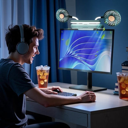 USB Monitor Clip on Fan via Flip-Open LED Light Bar, Two-Head Personal Cooling desktop Laptop Quiet USB Fan for Office, 3 Wind Speeds, for Flat, Curved Monitors (Deepsea Blue)