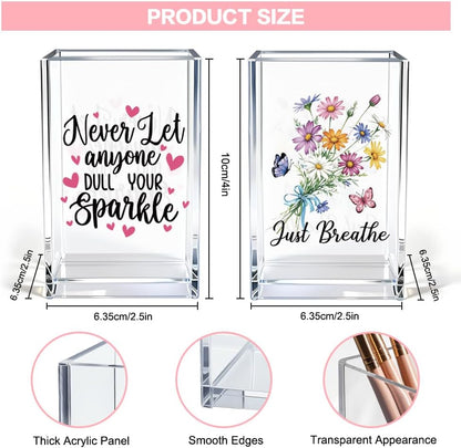 Never Let Anyone Dull Your Sparkle Acrylic Makeup Brush Organizer Holder, Girl Power Desk Acrylic Brushes Storage, Inspirational Quote Gifts for Women Friend Sister Make Up Artist Makeup Lover