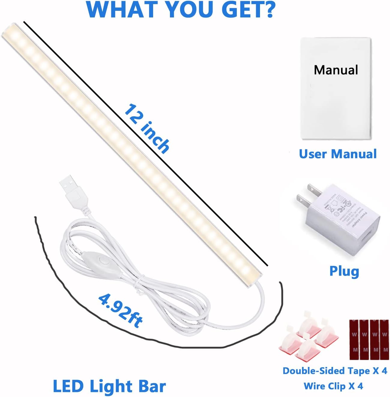 JUSJUBR 12-Inch Slim LED Under Cabinet Light with Memory Function, Warm White 3000K Dimmable USB Light Bar for Rooms