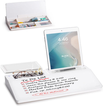 TSJ OFFICE Small Desktop Whiteboard -Glass Dry Erase Board Computer Keyboard Stand White Board Surface Pad with Drawer, Desk Organizers with Accessories for Office, Home, School Supplies - White
