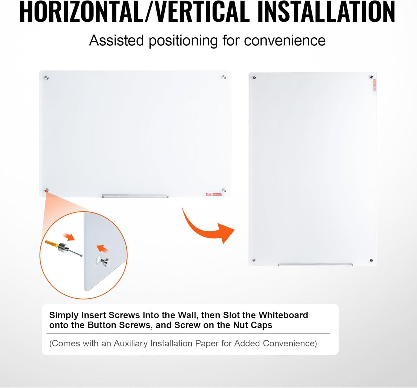 VEVOR Magnetic Glass Whiteboard, Dry Erase Board 36"x24", Wall-Mounted Large White Glassboard Frameless, with Marker Tray, an Eraser and 2 Markers, Black