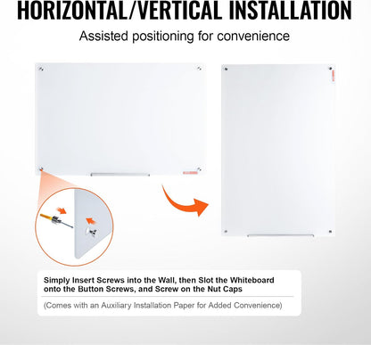 VEVOR Magnetic Glass Whiteboard, Dry Erase Board 36"x24", Wall-Mounted Large White Glassboard Frameless, with Marker Tray, an Eraser and 2 Markers, Black