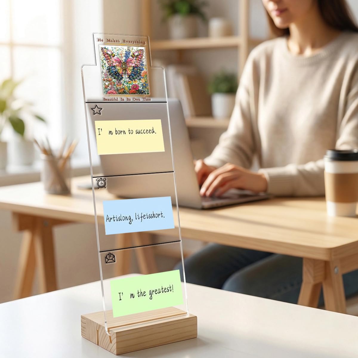 Monitor Memo Board Computer Monitor Memo Board Sticky Note Organizer Kidney Acrylic Desk Accessories Removable Wooden Base Set Sticky Notes 100 Sheets 11.8×3.1 inches