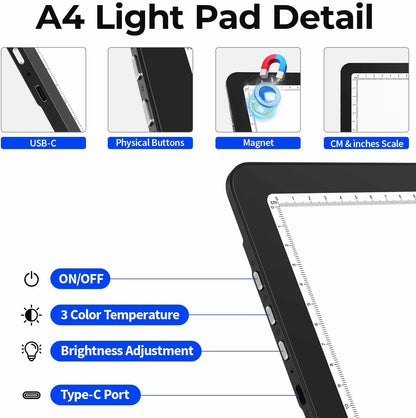 Heanolier Rechargeable A4 Light Board with Stand, 7100Lux Super Bright Magnetic Light Pad with Side Buttons, Wireless Light Box for Tracing, LED Light Table for Diamond Painting,Sketching,Drawing