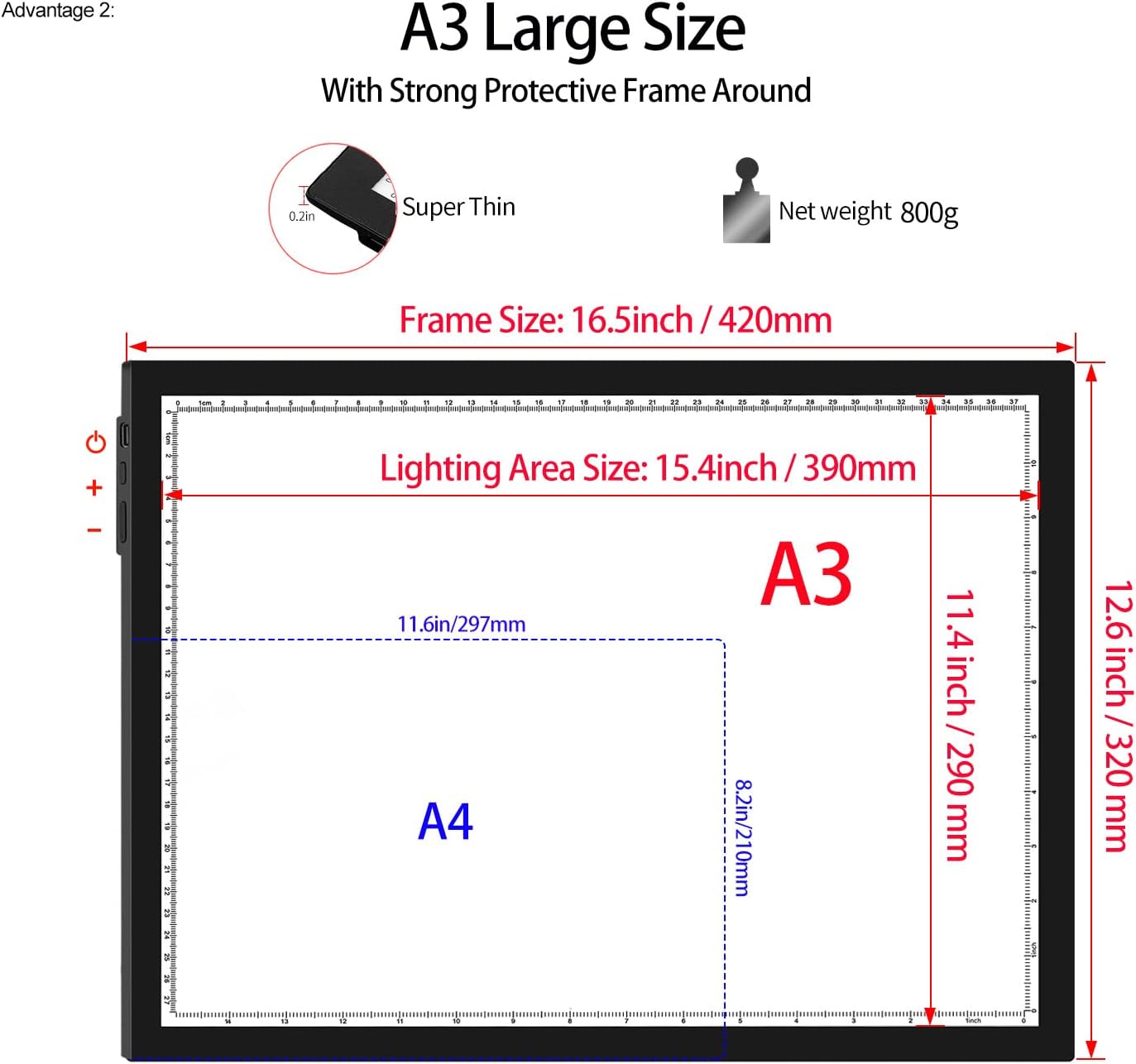 WELZK Light Board A3, 16.6×12.6inchs Light Pad, Side Button Design, 9 Levels/Stepless Dimming, Light Box Widely for Diamond Painting, Tracing, Weeding Vinyl etc.