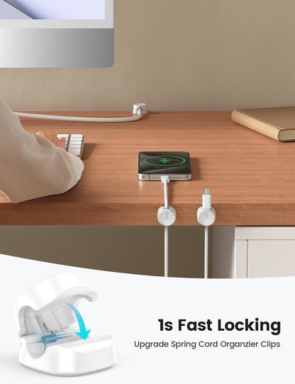 Lamicall 8 Pack Cord Organizer, [1s Lock] Spring Cable Management Clips - Adhesive Phone Cord Holder Clips for Nightstand Desk Car Office Home College Dorm Room, Desk Organizer Accessories, White