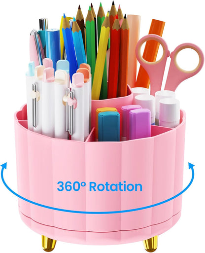 360 Rotating Pencil Pen Holder for Desk, White Pen Organizer with 6 Slots, Cute Office Supplies, Desk Accessories for Office, School, Home
