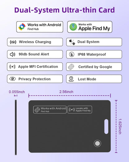 Thin Wallet Tracker Card, Find My or Google'S Find Hub App, Dual System Both iOS and Android Tracker Card, Item Finder for Luggage Passports, Phone,IP68 (1-Black)