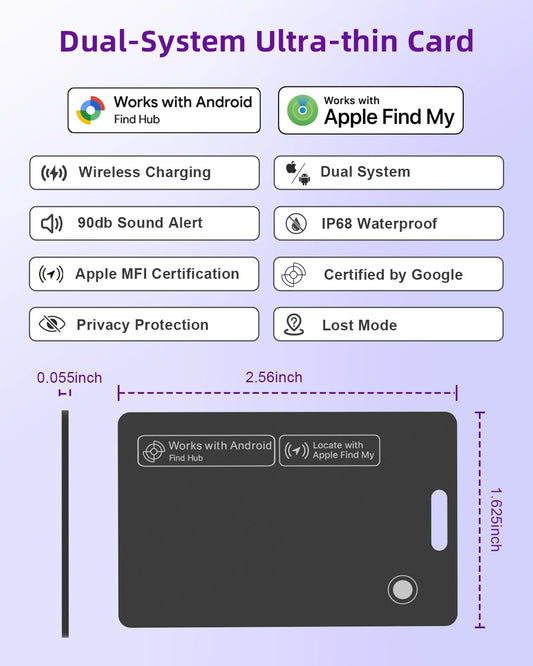 Thin Wallet Tracker Card, Find My or Google'S Find Hub App, Dual System Both iOS and Android Tracker Card, Item Finder for Luggage Passports, Phone,IP68 (1-Black)