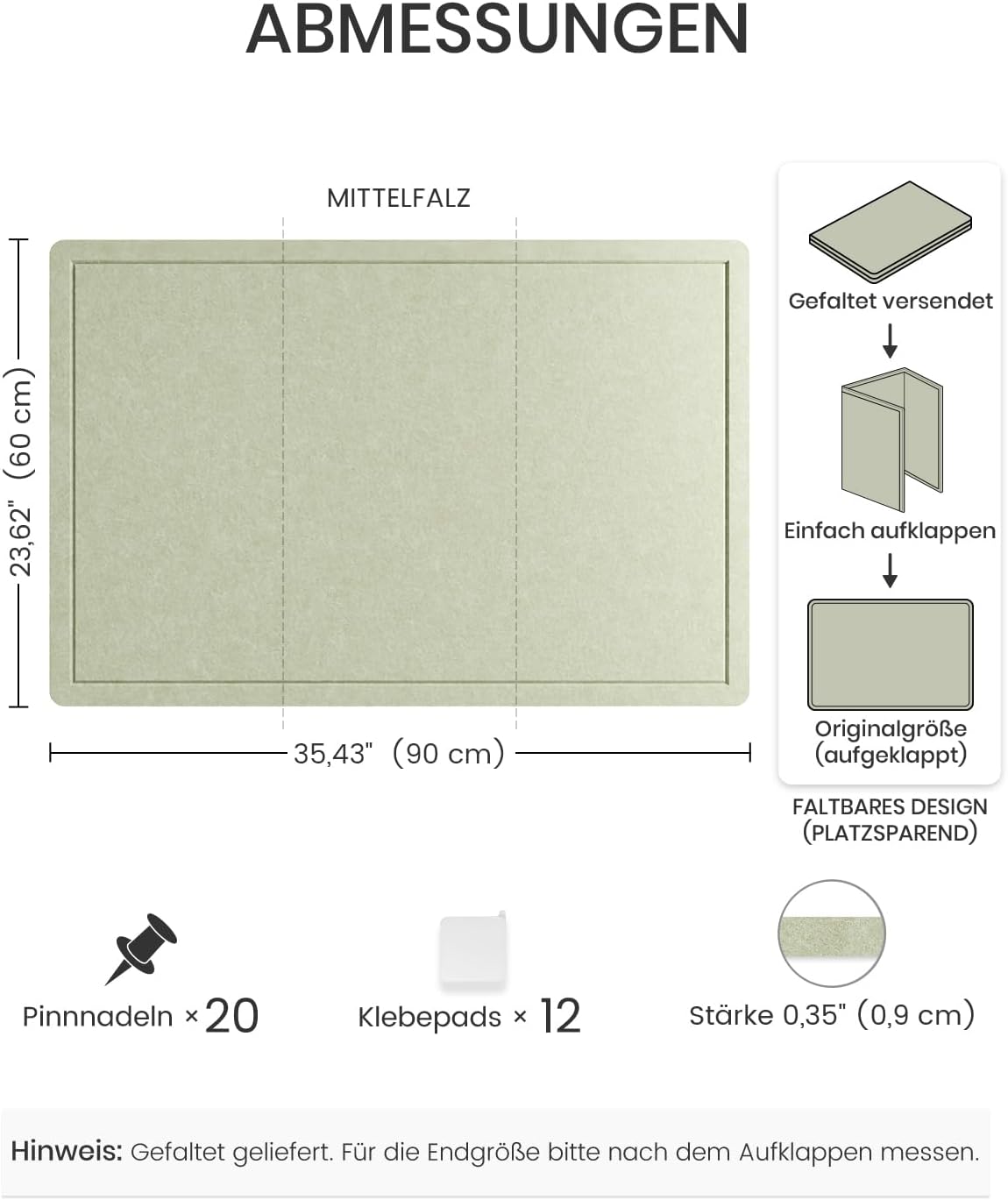 Fluxynara Bulletin Board, 23.6" x 17.5" Cork Board Alternative with 12 Safe Removable Adhesive Tabs, Foldable Felt Pin Board for Home Office, Classroom, Bedroom,Entryway for Walls—Sage