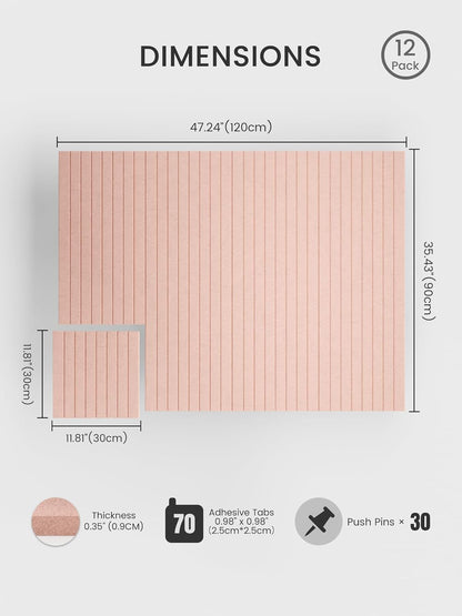 Bumusty Large Cork Board Alternative-48 x 36" Felt Bulletin Board Tiles, with 30 Pushpins, 70 Adhesive Tabs, Fine-Stripe 12-Pack, Cork Boards for Office Push Pin Board Felt Board-Oatmeal