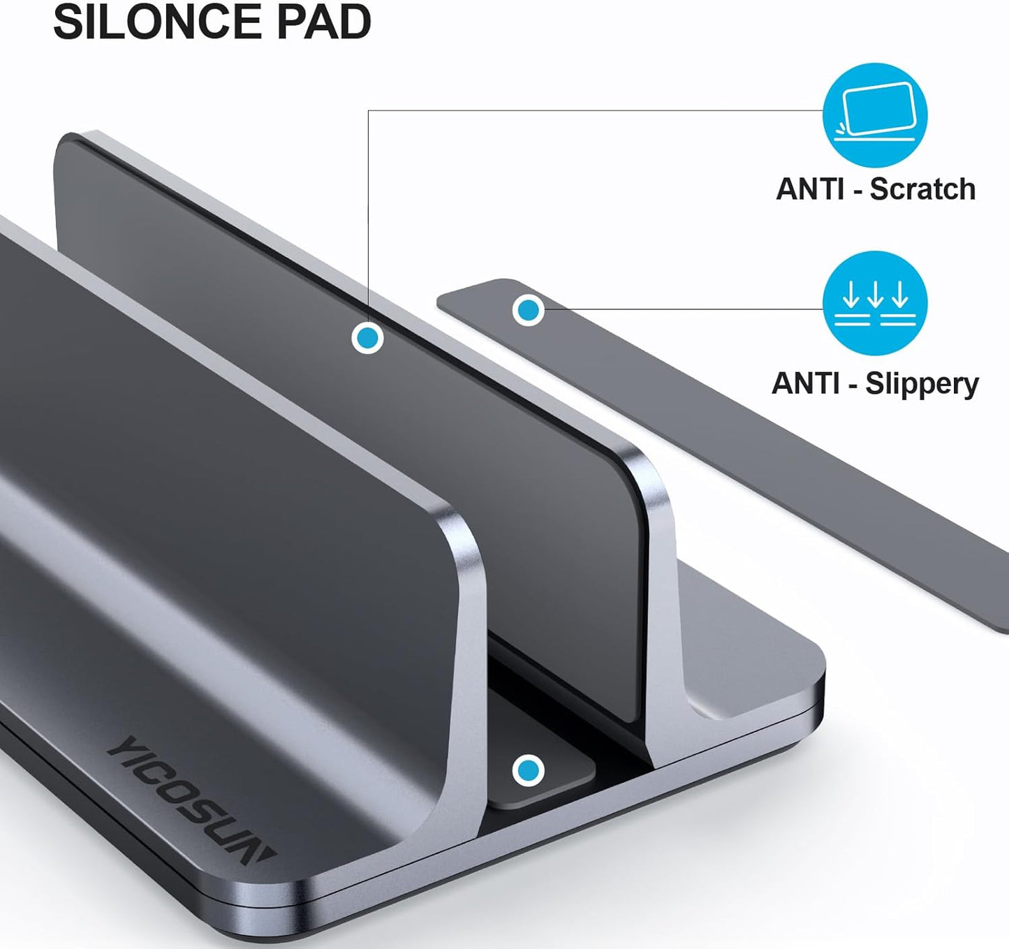 YICOSUN Dual-Slot Aluminum Vertical Laptop Stand for Desk - Adjustable Width Dock for MacBook, Surface, Samsung, HP, Dell up to 17.3 inches - Space-Saving & Protective Design - Gray
