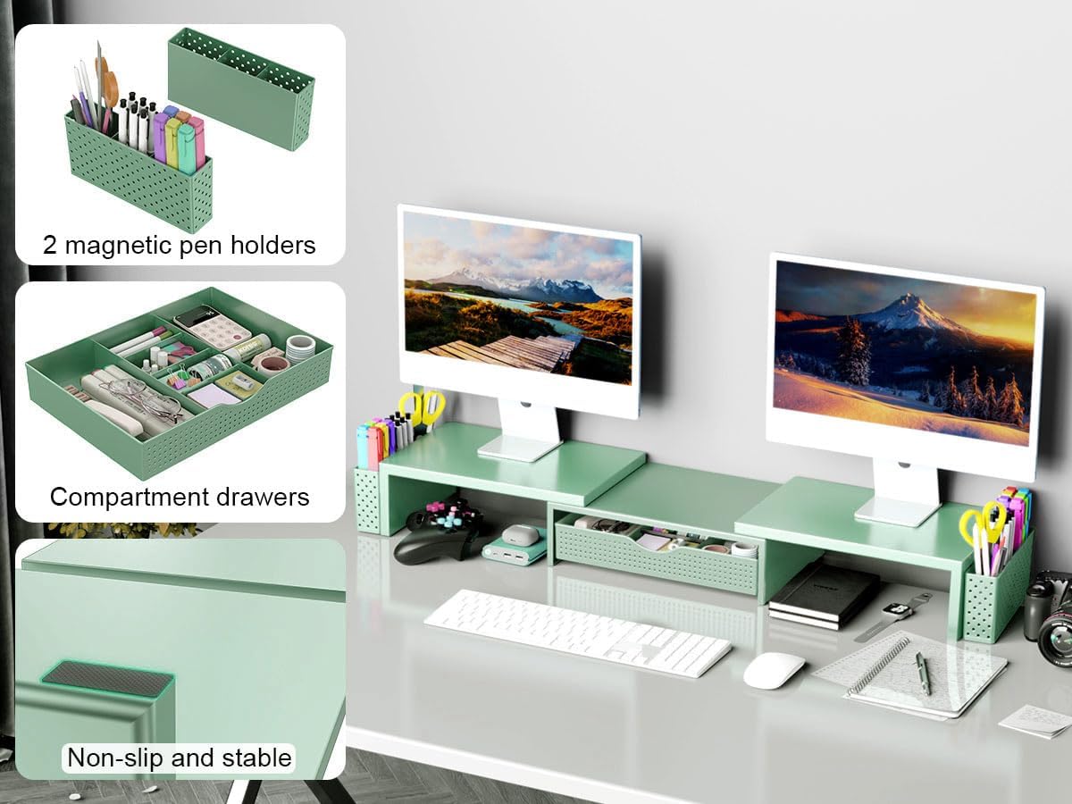 Spacrea Metal Desk Organizers and Accessories, Dual Monitor Stand Riser with Drawer and 2 Pen Holders, Desk Accessories & Workspace Desktop Organizers for Office Supplies (Wood)