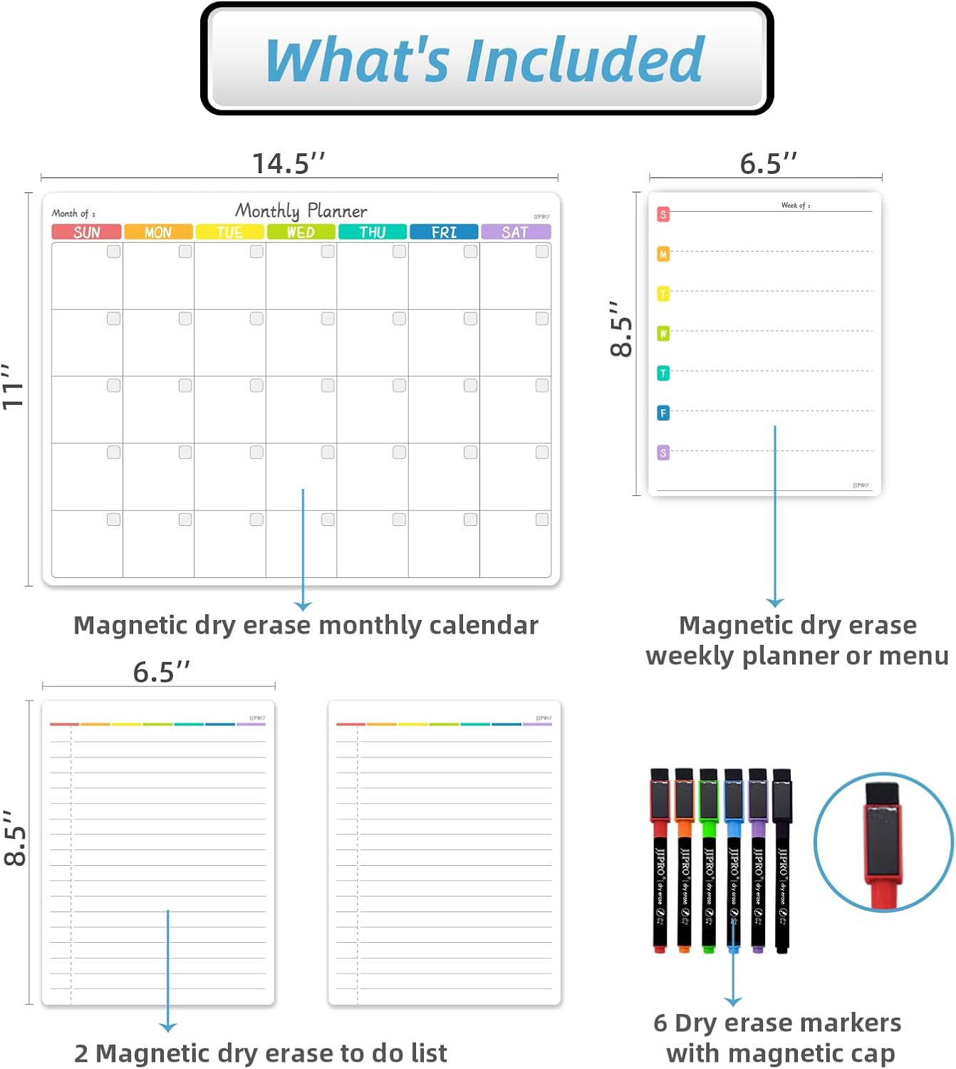JPRO Magnetic Weekly Calendar and to Do List for Fridge - 8.5" x 6.5" Weekly Meal Planner for Refrigerator and Dry Erase Daily to-Do List -6 Markers Included!