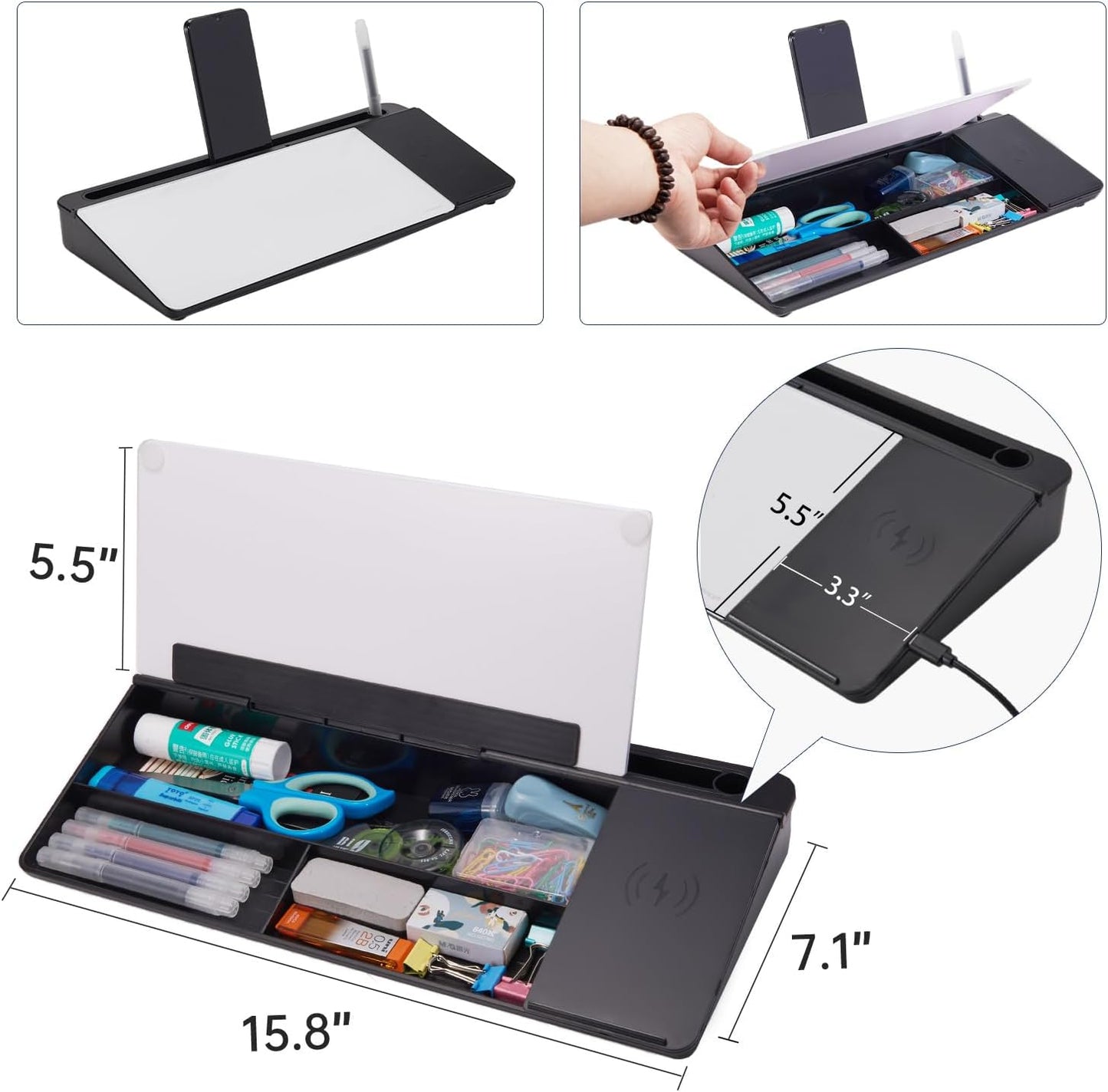 TSJ OFFICE Small Desktop Whiteboard -Glass Dry Erase Board Computer Keyboard Stand White Board Surface Pad with Drawer, Desk Organizers with Accessories for Office, Home, School Supplies - White