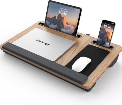 Potuopy Lap Desk - Up to 17” Laptop Tray with Wrist Rest, Portable Handle, Fixed Mouse Pad, Tablet & Phone Slots, Laptop Lap Desk with Cushion (Dark Brown)