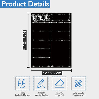 Magnetic Menu Board for Fridge, LiebHome Dry Erase Weekly Menu Planner/Family Calendar 16" x 12" with Grocery List and Notes (Black with 8 Markers)