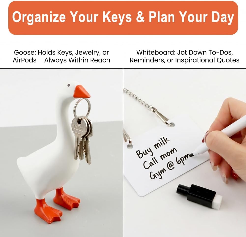Magnetic Desktop Goose Organizer Set,7 inch Desk Decor with Acrylic Memo Board, Includes Marker Chain and Stickers, Key Holder for Office and Home Workspace