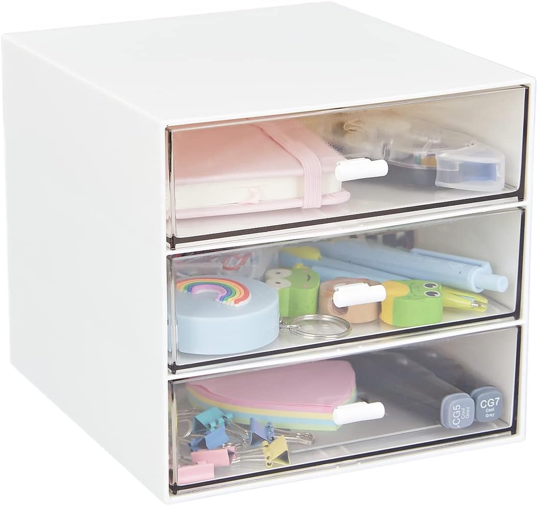 Desk Organizer with 4 Drawers, Clear Plastic Desk Storage Box, Desktop Organization for Office Supplies, Gel Pens, Pencils, Markers, Tape, Erasers, Paperclips, Chargers (White-4 Draws)
