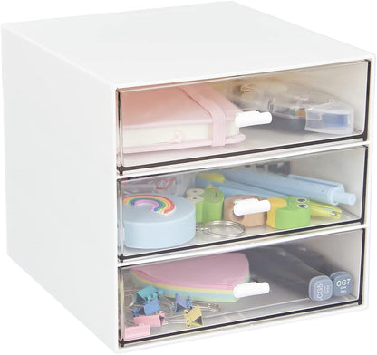 Desk Organizer with 4 Drawers, Clear Plastic Desk Storage Box, Desktop Organization for Office Supplies, Gel Pens, Pencils, Markers, Tape, Erasers, Paperclips, Chargers (White-4 Draws)