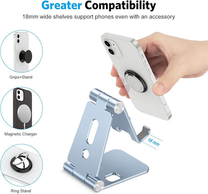 OMOTON Foldable Cell Phone Stand, C4 Portable Aluminum Phone Holder, Adjustable Phone Dock Cradle for iPhone 17/16/15 Pro Max Air, Small Tablets, Smart Phones, Women Men Gift for Fathers Day, Silver