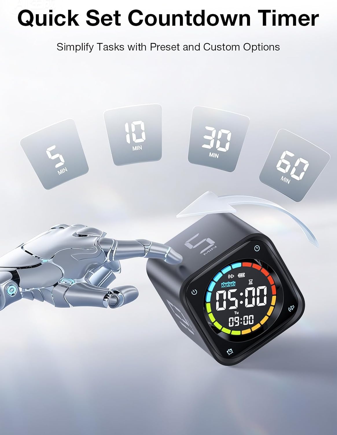 Ticktime TK3 Pomodoro Timer Cube, Productivity Timer, 5/10/30/60 Min Presets, Custom Countdown, Stopwatch & Clock, Triple Alarms, Silent/Vibration/Sound Alerts, Rechargeable for ADHD Study Task, Black