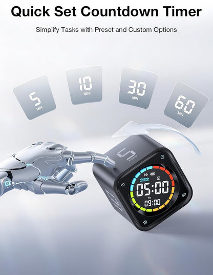 Ticktime TK3 Pomodoro Timer Cube, Productivity Timer, 5/10/30/60 Min Presets, Custom Countdown, Stopwatch & Clock, Triple Alarms, Silent/Vibration/Sound Alerts, Rechargeable for ADHD Study Task, Black