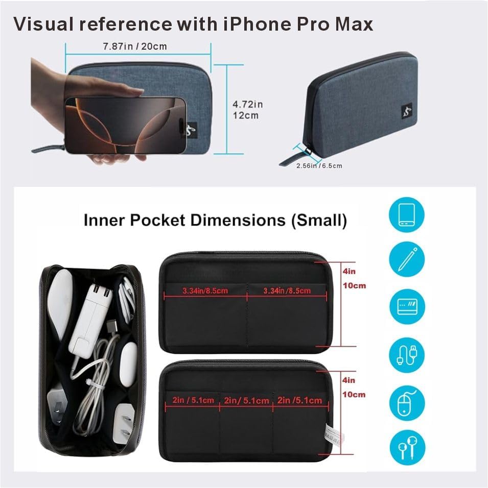 simtoper Small Electronics Organizer Travel Case – Slim Travel Cable Pouch for Small Tech Accessories, Cords, Chargers, Earbuds – Lightweight Mini Tech Bag for Backpack, Business, Travel (Blue)