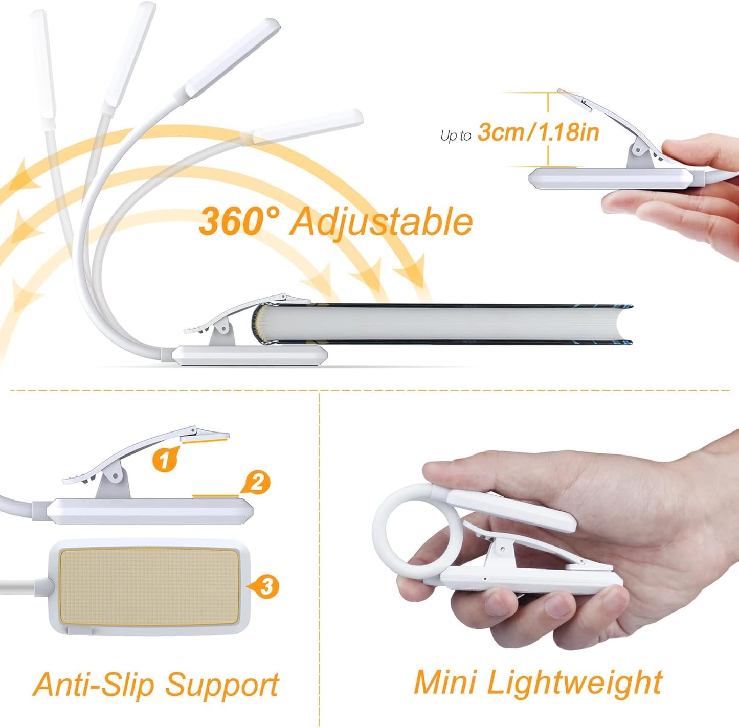 Gritin 9 LED Rechargeable Book Light for Reading in Bed - Eye Caring 3 Color Temperatures,Stepless Dimming Brightness,80 Hrs Runtime Small Lightweight Clip On Book Reading Light for Studying