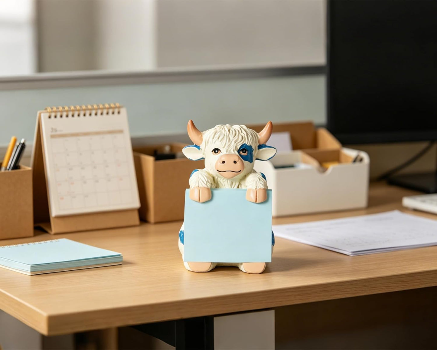 Highland Cow Pop-up Sticky Note Dispenser, Includes 1 Pad of 3x3 in Super Sticky Notes, 100 Sheets, Resin Cute Handmade Desk Holder for Office & Home-Beige