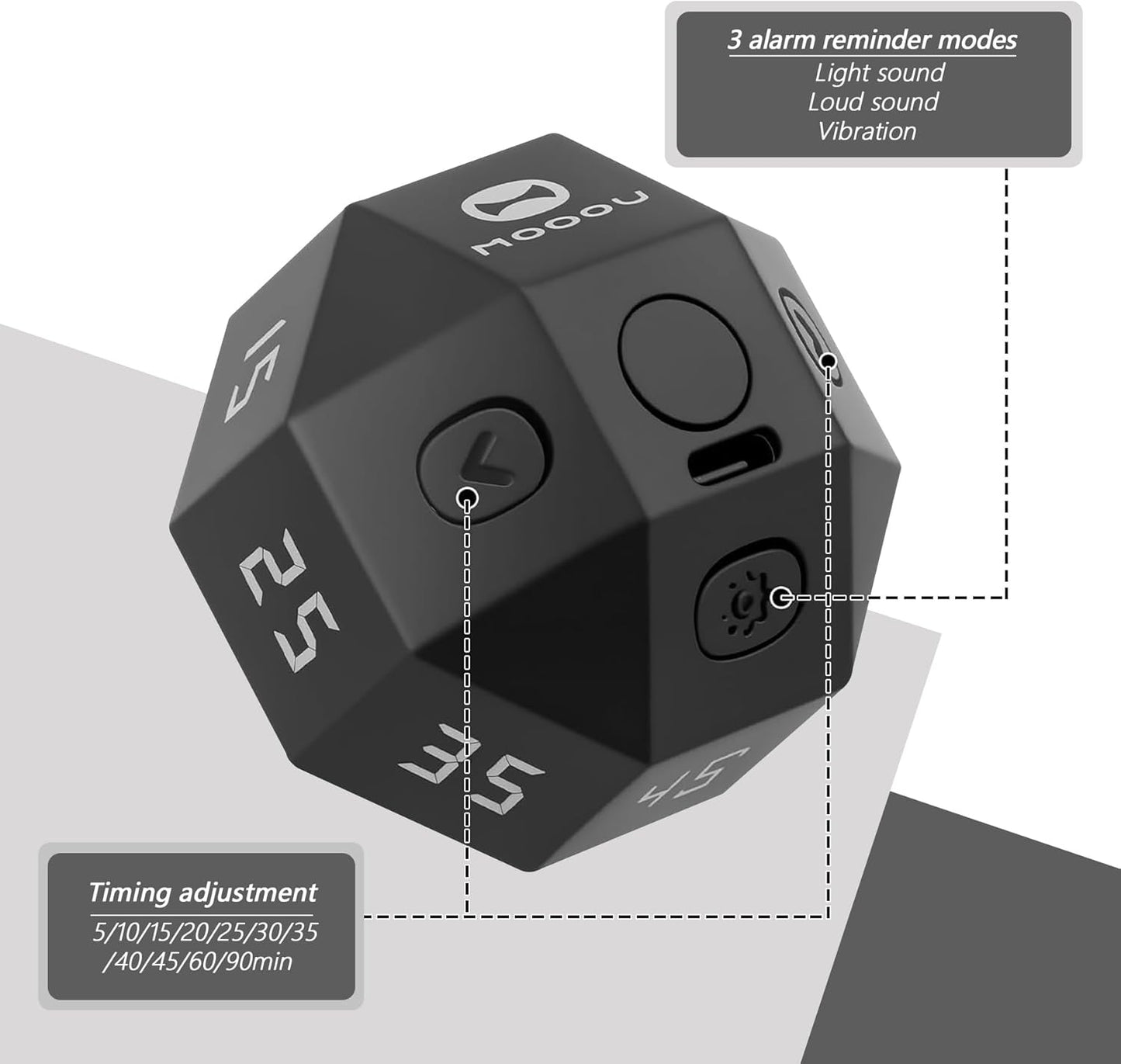 Mini 12-Sided Cube Timer with preset countdowns of 1-3-5-10-15-20-25-30-45-60-90 Minutes, a Rechargeable time Management Efficiency Tool Suitable for ADHD Management, Study and Cooking (Black)