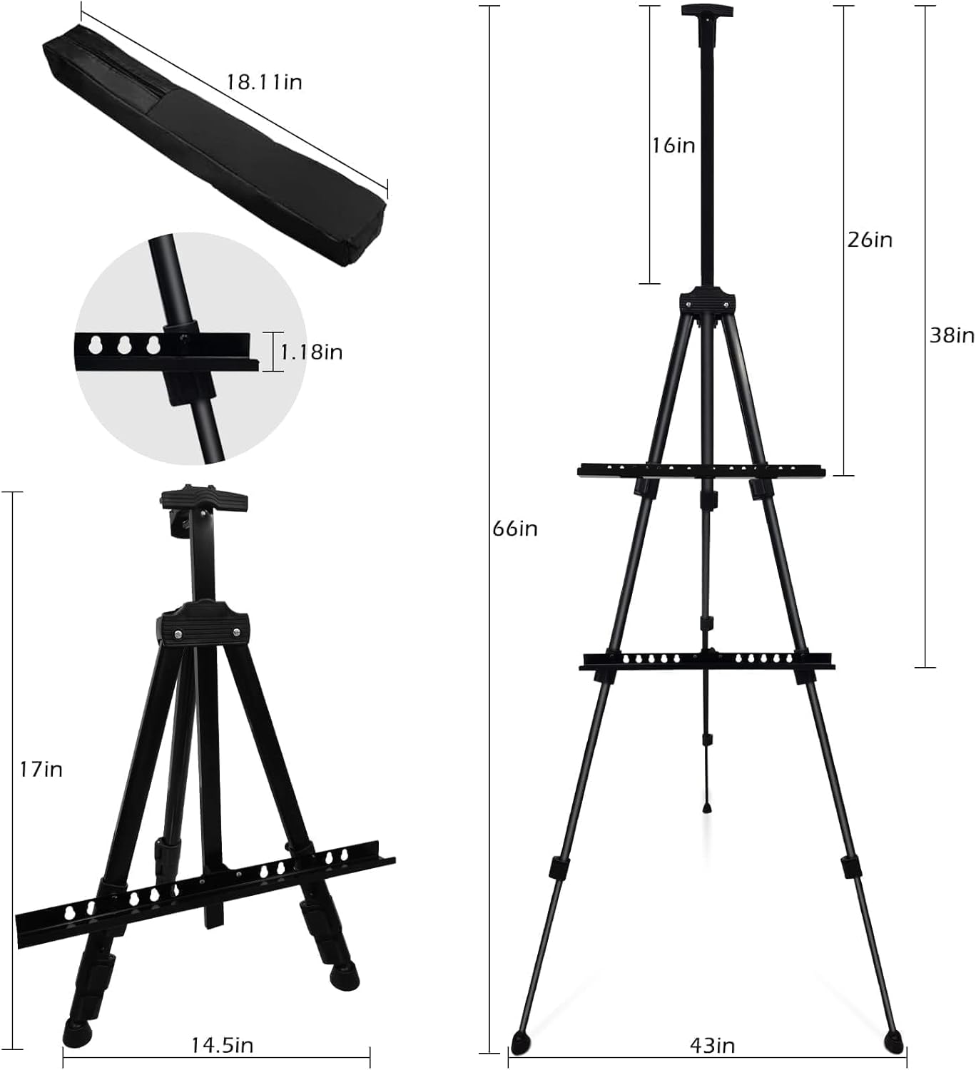 Art Easel Stand for Painting and Sign - RRFTOK 17 to 66 Inch Adjustable Aluminum Tripod Easels for Display, Portable Canvas and Poster Stand with Carry Bag for Beginners, Students and Classroom Use