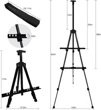 Art Easel Stand for Painting and Sign - RRFTOK 17 to 66 Inch Adjustable Aluminum Tripod Easels for Display, Portable Canvas and Poster Stand with Carry Bag for Beginners, Students and Classroom Use
