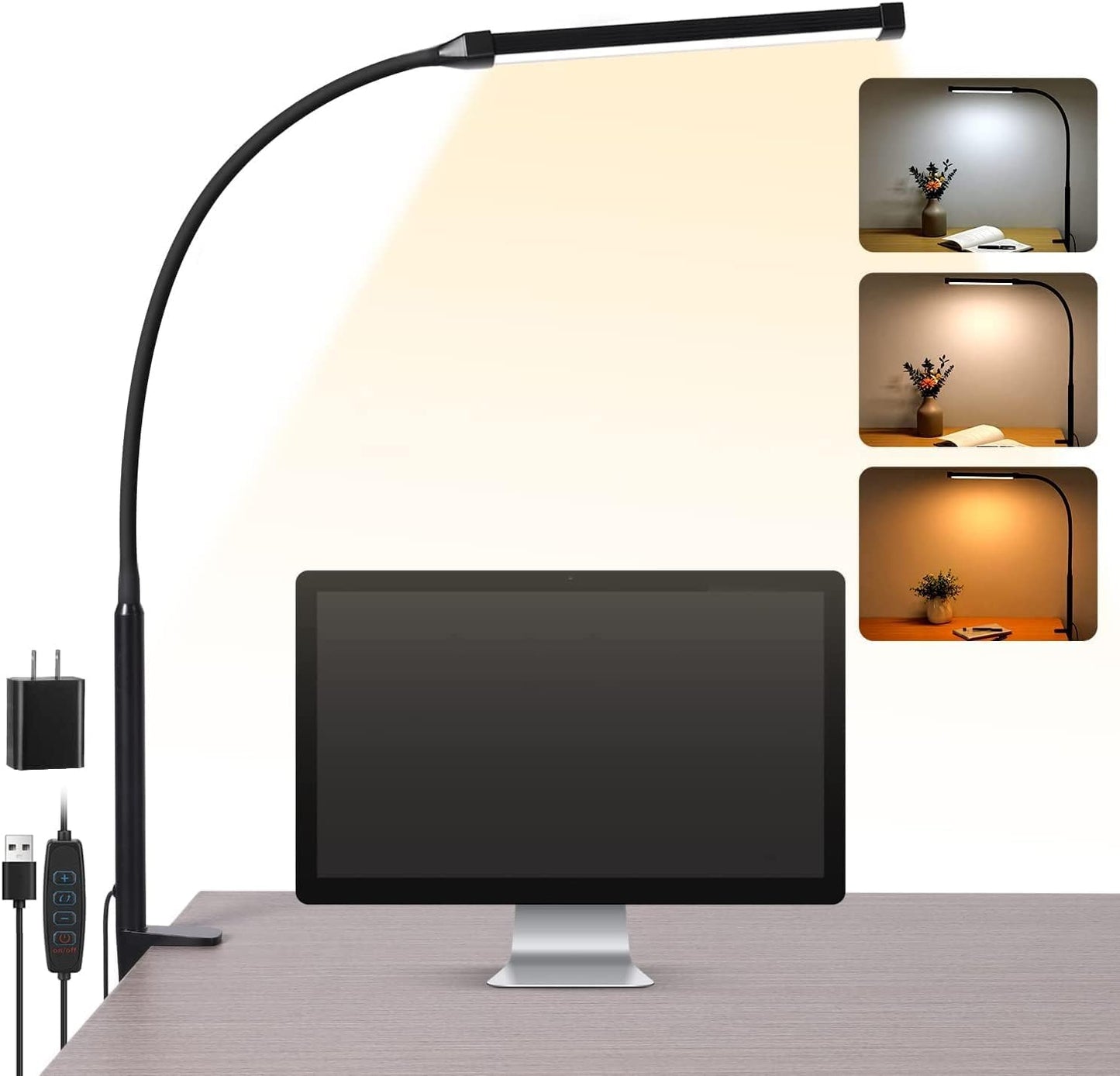 Voncerus LED Desk Lamp with Clamp, Eye-Caring Clip on Lights for Home Office, 3 Modes 10 Brightness, Long Flexible Goose-Neck, Metal, Swing Arm Architect Task Table Lamps with USB Adapter, White