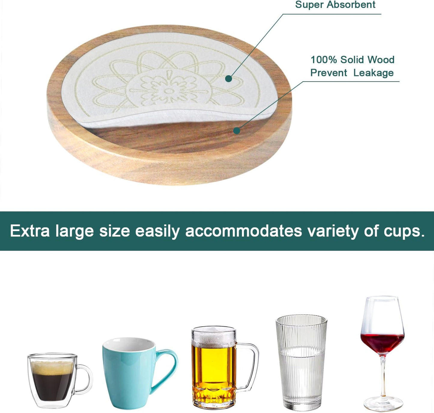 Wood Coasters for Drinks, Minacun Absorbent Coaster Sets of 5, Drinks Coasters for Coffee Tabletop Protection, Non-Slip, Non-Stick, Suitable for Kinds of Cups Wooden Table Drink, 4.3 Inches Black