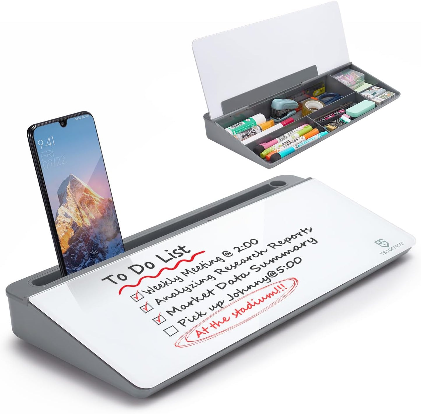 TSJ OFFICE Small Desktop Whiteboard -Glass Dry Erase Board Computer Keyboard Stand White Board Surface Pad with Drawer, Desk Organizers with Accessories for Office, Home, School Supplies - White
