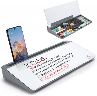 TSJ OFFICE Small Desktop Whiteboard -Glass Dry Erase Board Computer Keyboard Stand White Board Surface Pad with Drawer, Desk Organizers with Accessories for Office, Home, School Supplies - White