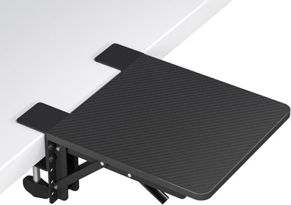 BONTEC Desk Extender Tray, 11.8"x5.9" Table Mount Arm Wrist Rest Shelf, 90°Foldable Elbow Support, Clamp on Computer Arm Rest for Desk, Office & Home Use, Durable & Easy to Install, Black Carbon Fiber