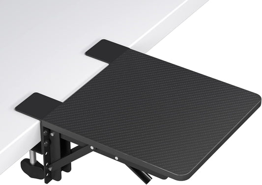 BONTEC Desk Extender Tray, 11.8"x5.9" Table Mount Arm Wrist Rest Shelf, 90°Foldable Elbow Support, Clamp on Computer Arm Rest for Desk, Office & Home Use, Durable & Easy to Install, Black Carbon Fiber